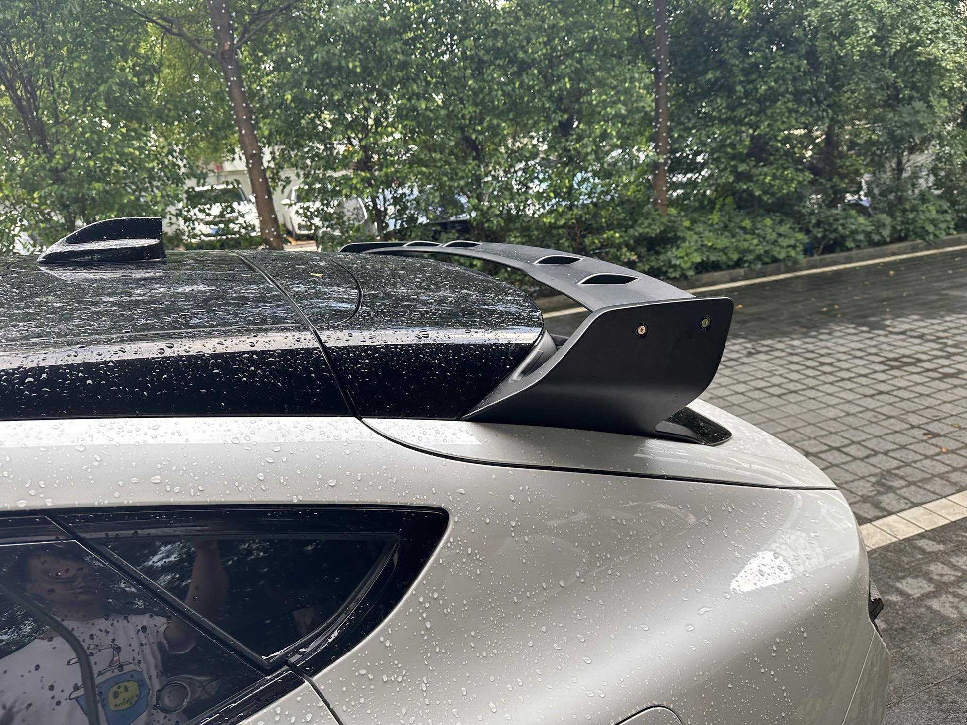 Rally Wing Spoiler mounted on rear of Ford Mustang Mach-E with aerodynamic carbon fiber design
