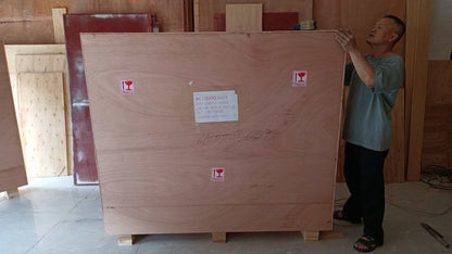 Large wooden crate packaging for Mustang Mach-E GT550 style carbon fiber hood with fragile labels