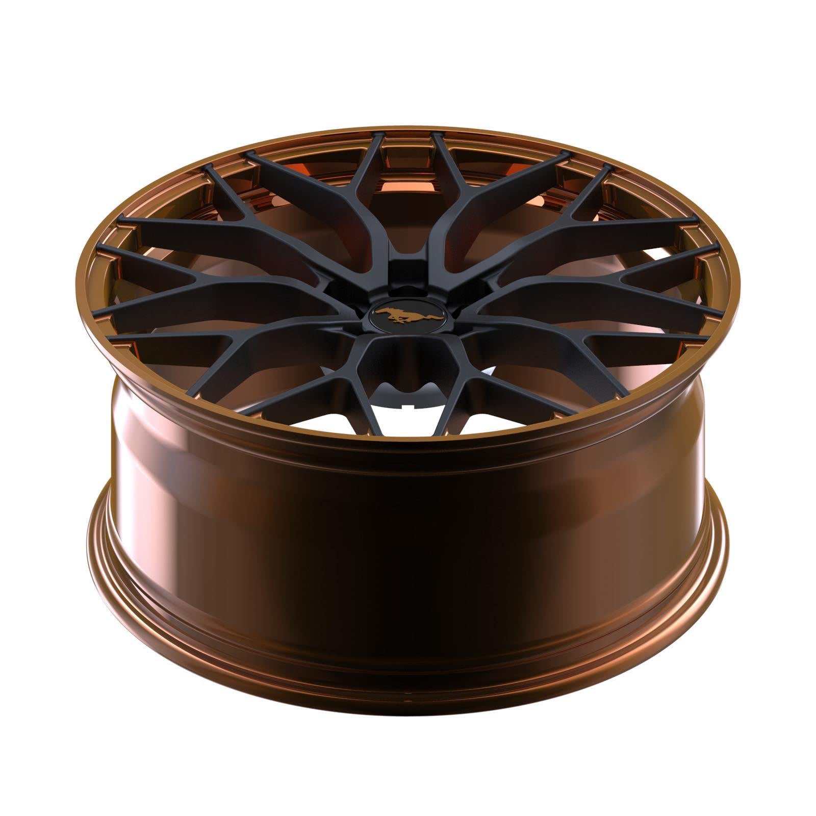 Custom forged Al6061-T6 aluminum wheel for Mustang Mach-E with black and bronze finish and Mustang logo center cap