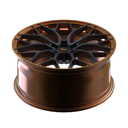 Custom forged Al6061-T6 aluminum wheel for Mustang Mach-E with black and bronze finish and Mustang logo center cap
