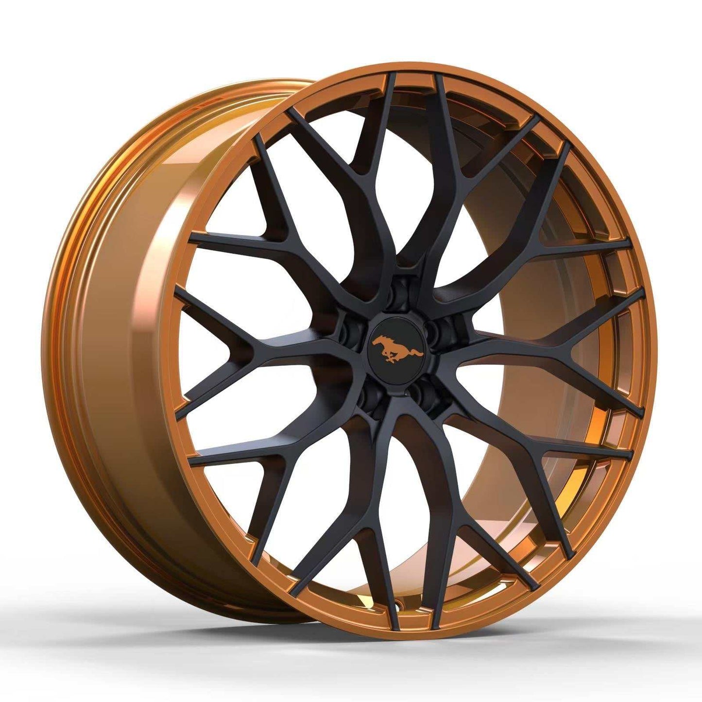 Custom forged aluminum wheel for Mustang Mach-E with black intricate spokes and bronze rim designed for strength and lightweight performance