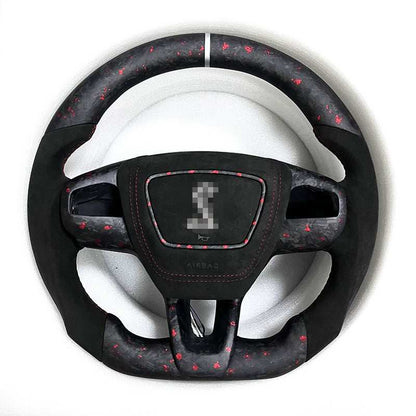 Custom made steering wheel for Mustang Mach-E with leather and Alcantara grip, flat-bottom design, and customizable features