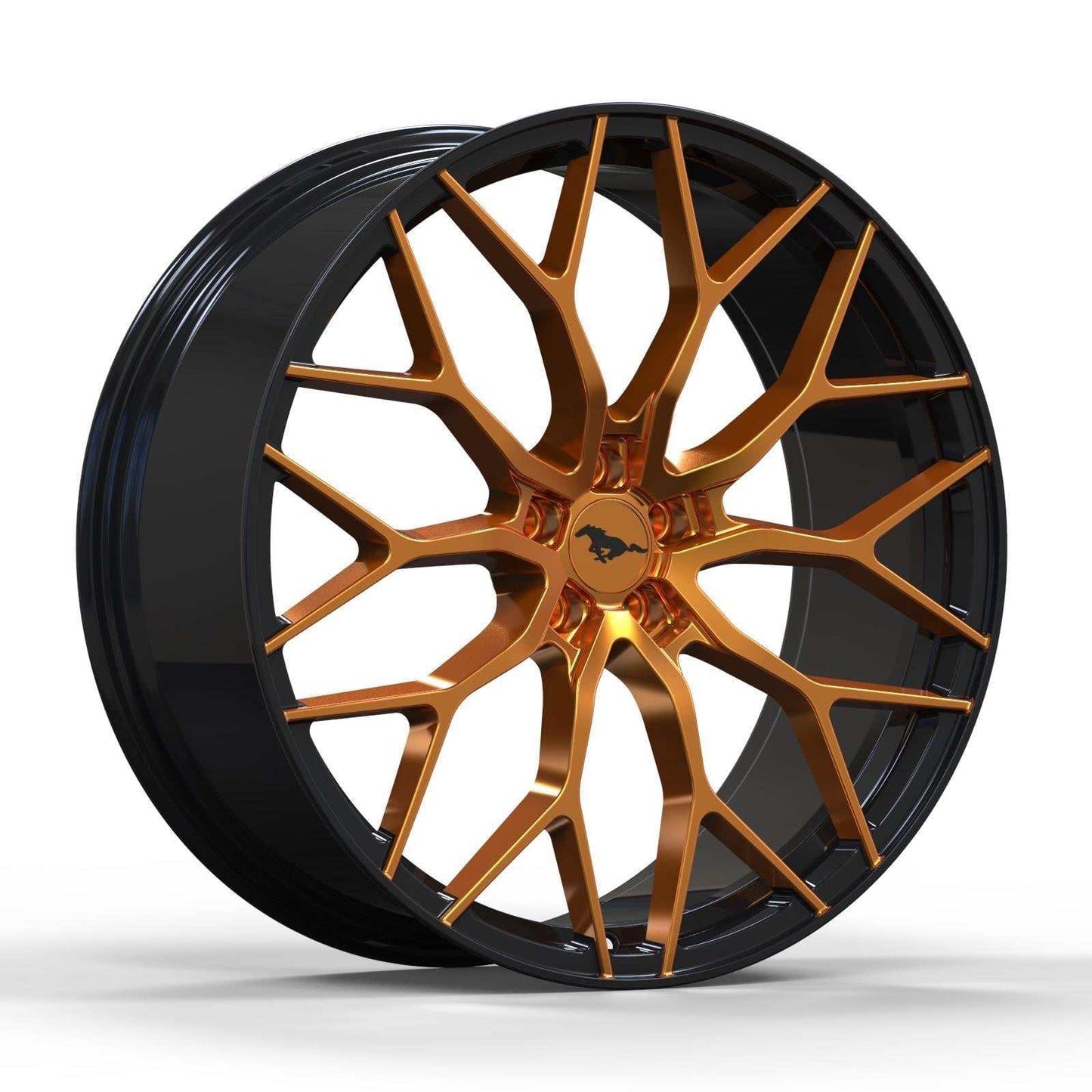 Custom forged wheels for Mustang Mach-E, lightweight Al6061-T6 aluminum, orange and black finish, high durability and performance.