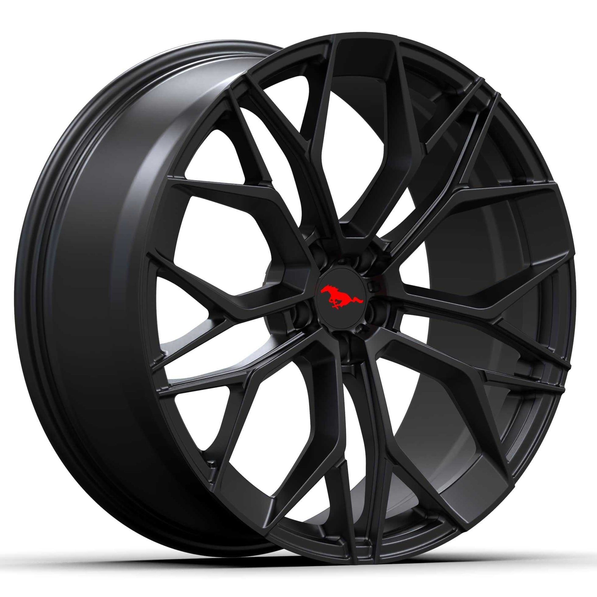 Black forged forged wheel for Mustang Mach-E with custom design and red Mustang logo center cap