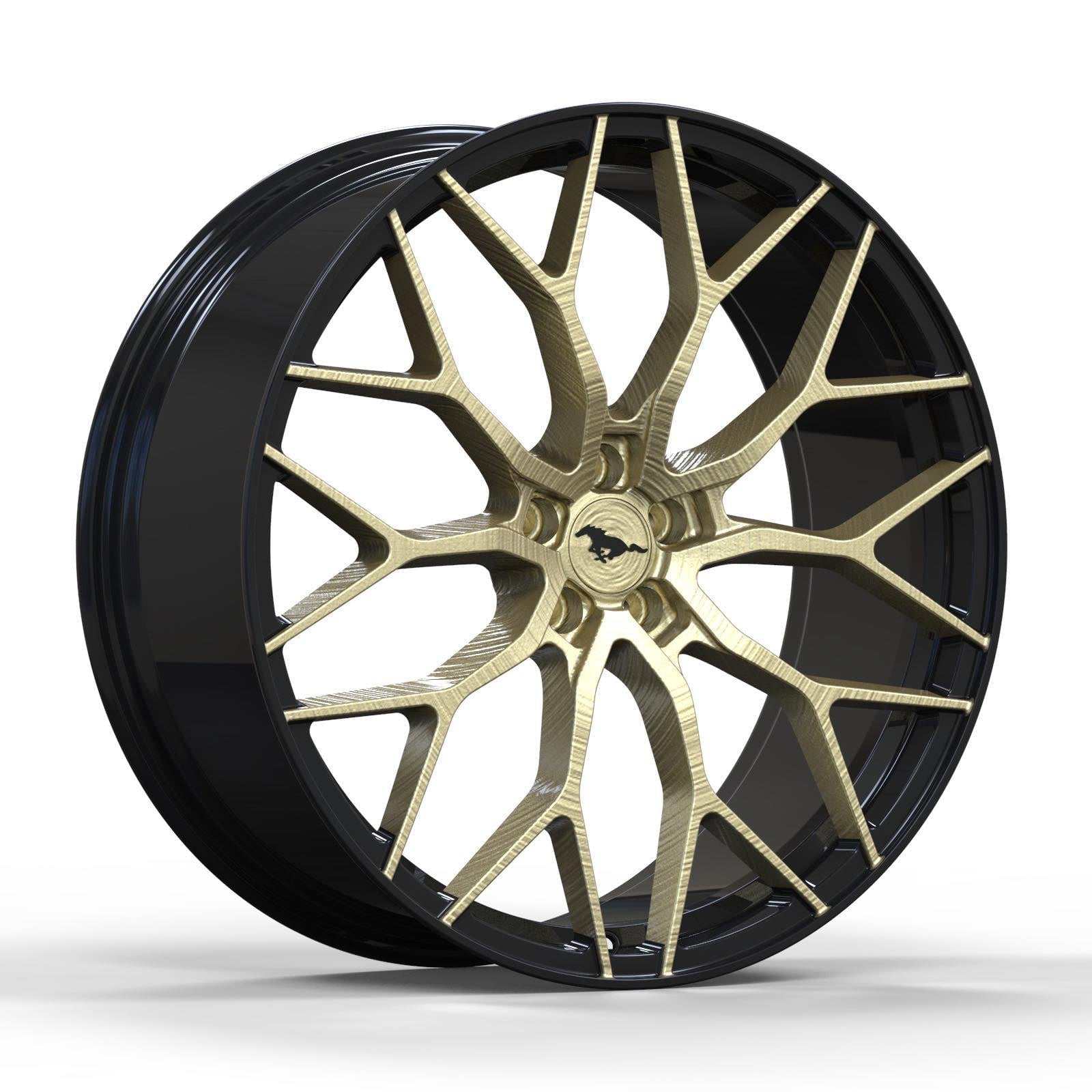 Custom forged aluminum wheel for Mustang Mach-E with intricate gold and black design