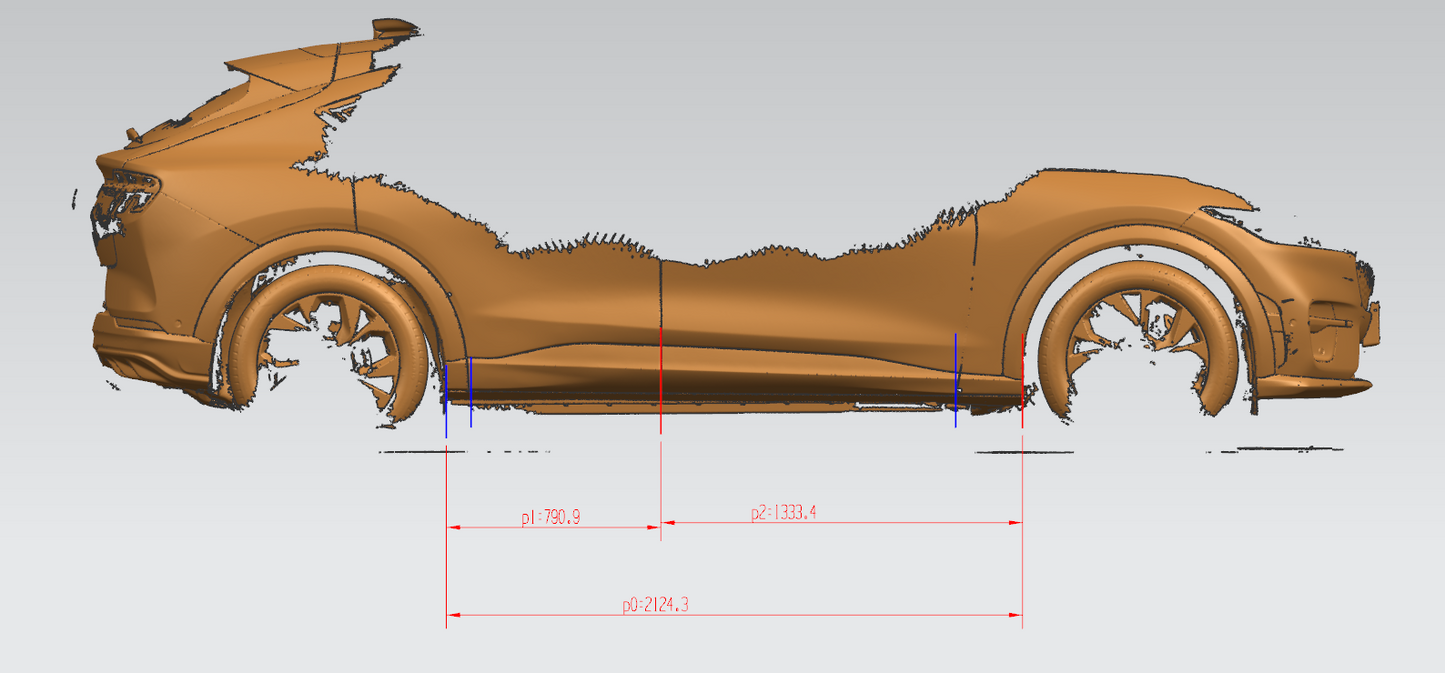 Side skirts design blueprint for Mustang Mach-E 2021-2025 showing detailed side profile measurements