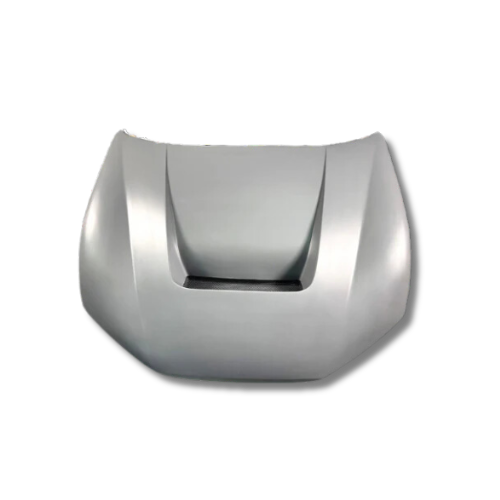 Shelby Style Fiber Hood for Ford Mustang Mach-E 2021-2025 in silver with aerodynamic design and lightweight construction