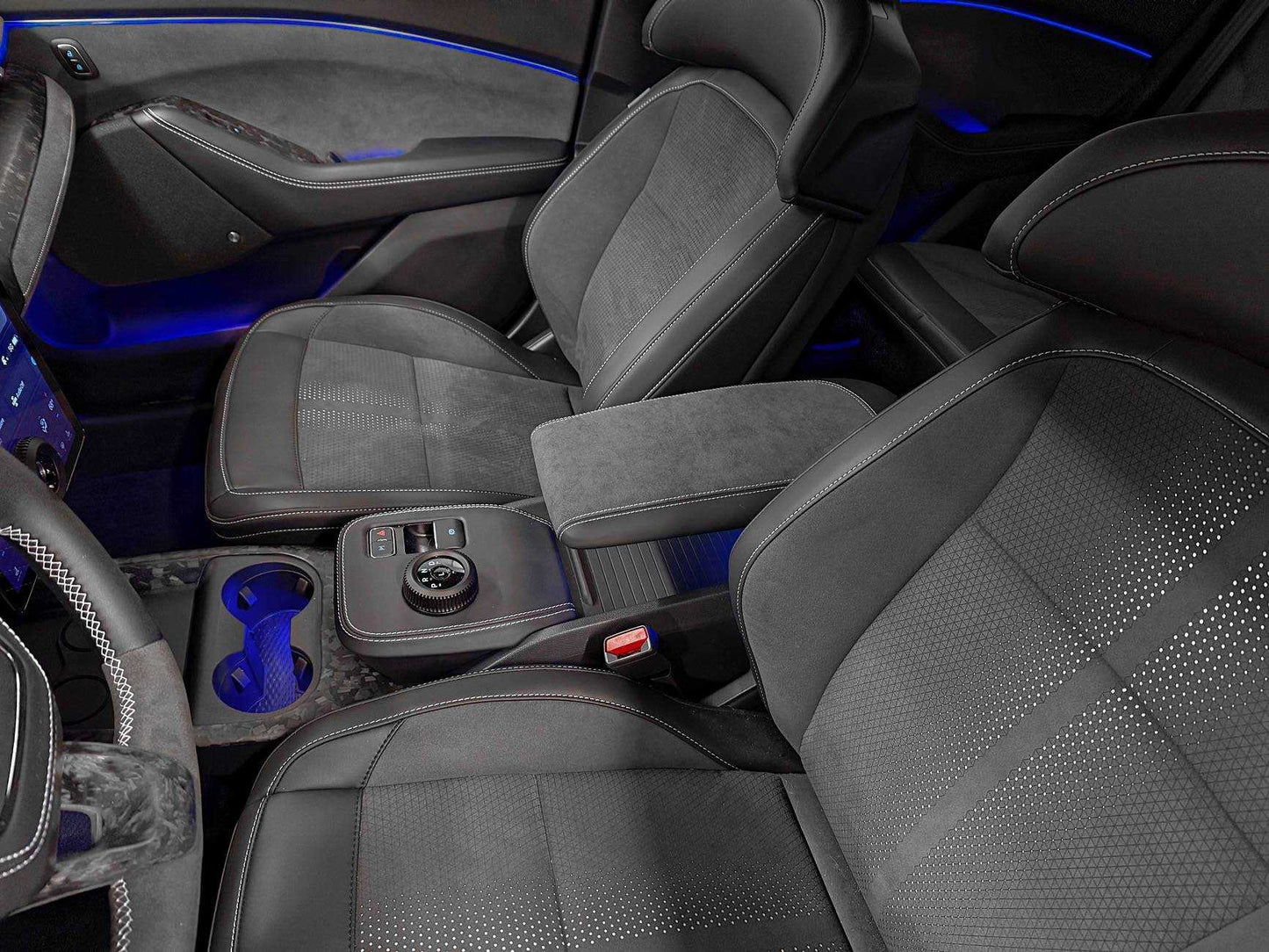 Custom-made armrest with premium Alcantara and leather, enhanced comfort, customizable stitching, and perfect fit for all models