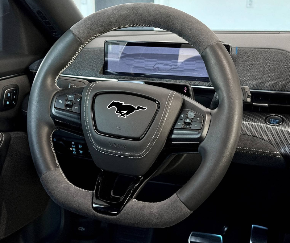 Custom made steering wheel for Mustang Mach-E with leather and Alcantara grip, customizable features, and heating function