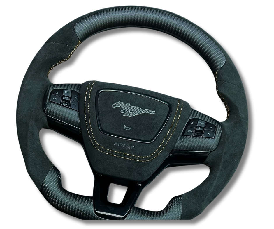 Custom made steering wheel for Mustang Mach-E with leather and Alcantara grips, flat-bottom design, and customizable features