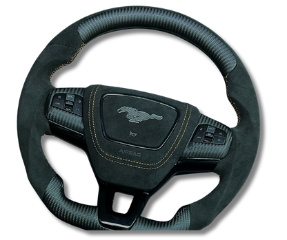 Custom made steering wheel for Mustang Mach-E with leather and Alcantara grips, flat-bottom design, and customizable features