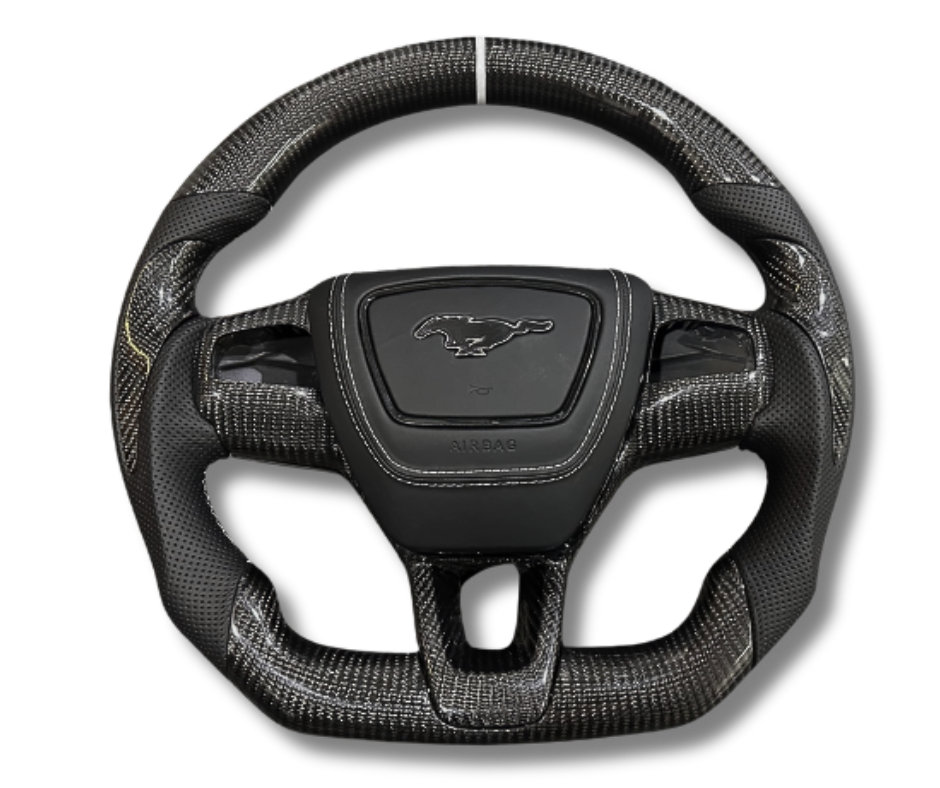 Custom made steering wheel for Mustang Mach-E 2021-2025 with leather and Alcantara grips, flat-bottom design, and customizable stitching and colors