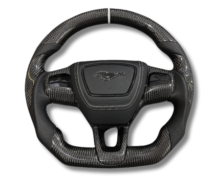 Custom made steering wheel for Mustang Mach-E 2021-2025 with leather and Alcantara grips, flat-bottom design, and customizable stitching and colors