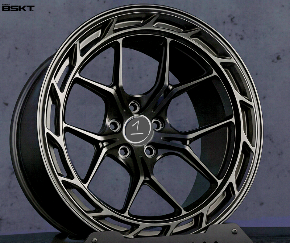 Custom forged Al6061-T6 aluminum wheel for Mustang Mach-E with intricate black and silver design, lightweight and durable.